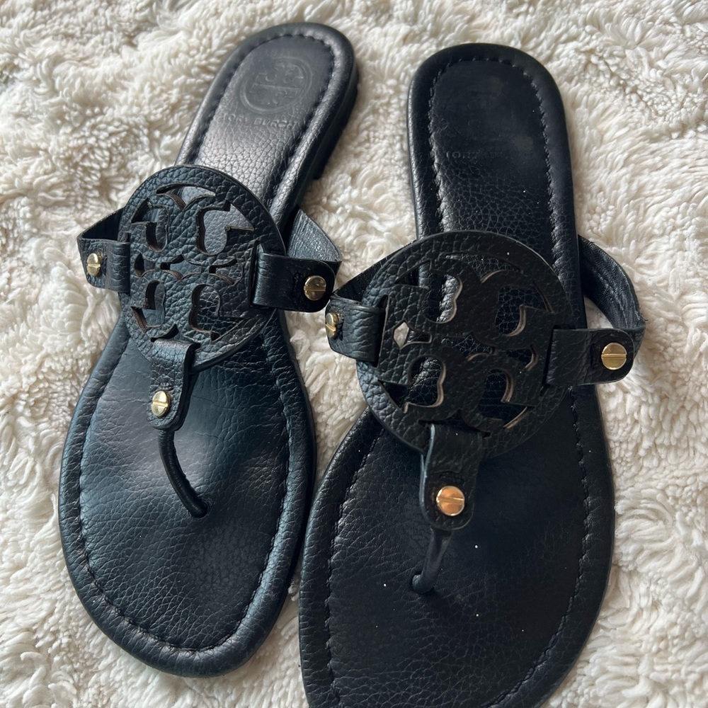 Tory Burch Black Leather Sandals with Gold Accents